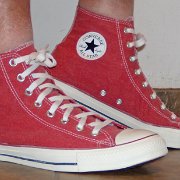 2017 Red Stonewashed High Top Chucks  Wearing 2017 stonewashed red high tops, right view 1.